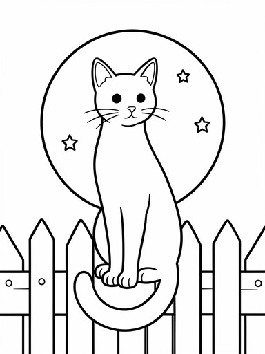 Black cat on a fence coloring page showing a cat sitting on a wooden picket fence under a full moon