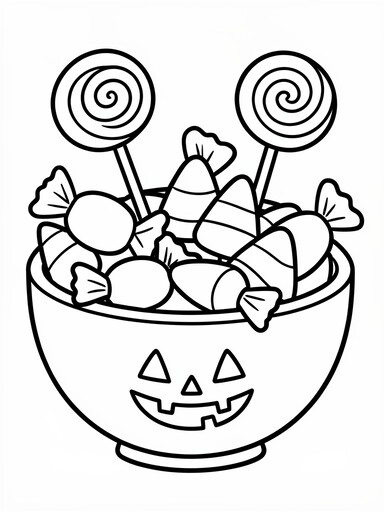 Halloween candy bowl coloring page showing a jack-o'-lantern bowl overflowing with wrapped candy and lollipops