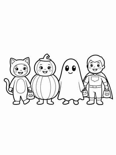 Halloween costume parade coloring page showing four kids dressed as a cat, pumpkin, ghost, and caped hero