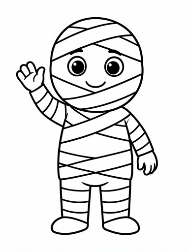 Cute mummy coloring page showing a round wrapped character with big eyes waving hello