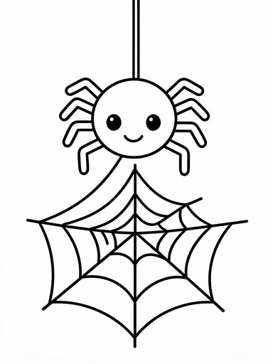 Cute spider on a web coloring page showing a smiling round spider hanging in the center of a simple web