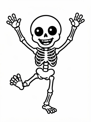Dancing skeleton coloring page showing a smiling skeleton with arms raised and one leg kicked out