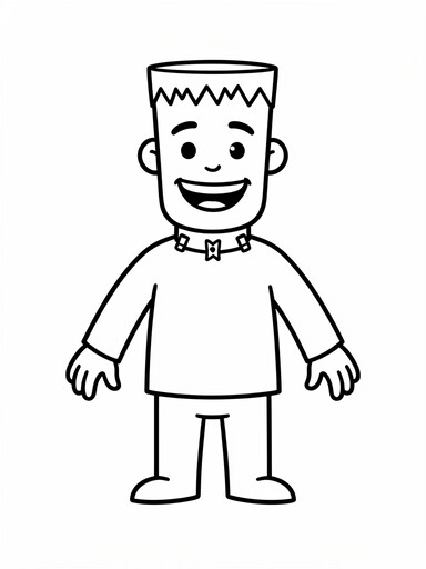 Friendly Frankenstein monster coloring page showing a smiling flat-headed character with neck bolts and open arms