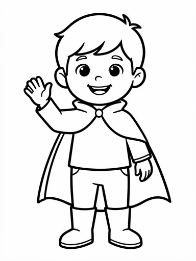 Friendly vampire coloring page showing a smiling boy in a cape with small fangs waving hello