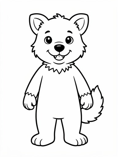Friendly werewolf pup coloring page showing a smiling wolf pup standing with round ears and a fluffy tail