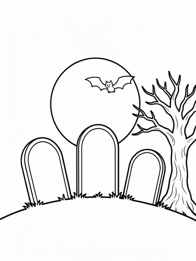 Graveyard tombstones coloring page showing three rounded tombstones under a full moon with a bat and bare tree