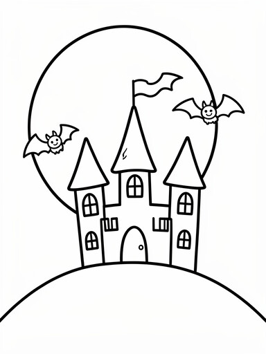 Haunted castle and moon coloring page showing a three-tower castle on a hill under a big round moon with bats