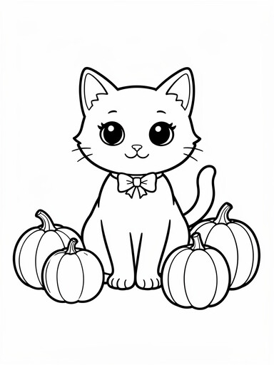 Kitten with pumpkins coloring page showing a kitten wearing a bow sitting among four round pumpkins