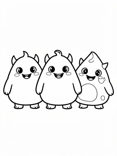 Halloween monster friends coloring page showing three round smiling monsters standing side by side