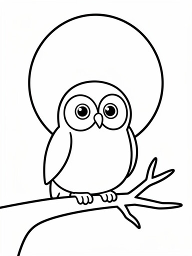 Owl on a branch coloring page showing a round owl in front of a full moon with a small bat