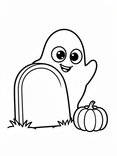 Peekaboo ghost coloring page showing a smiling ghost peeking out from behind a tombstone beside a pumpkin