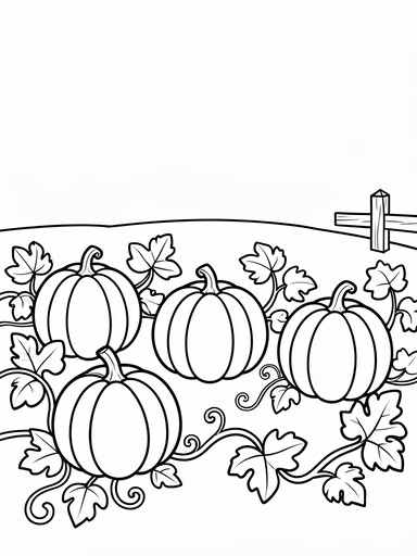 Halloween pumpkin patch coloring page showing several pumpkins growing among curling leafy vines