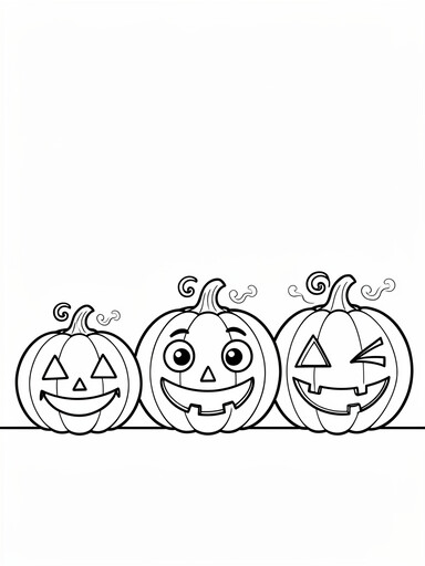 Three glowing pumpkins coloring page showing three jack-o'-lanterns in a row each with a different carved face