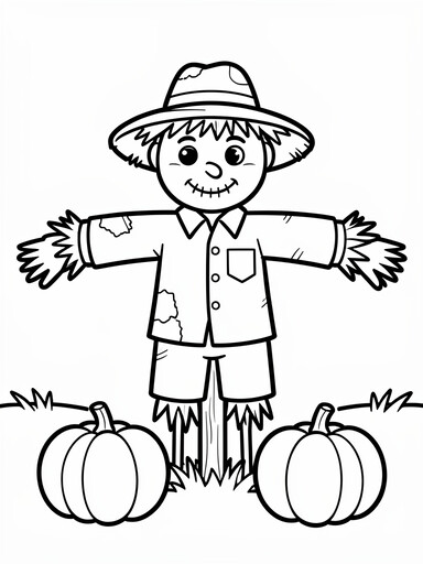 Scarecrow with pumpkins coloring page showing a smiling scarecrow on a post with three pumpkins and a cornstalk