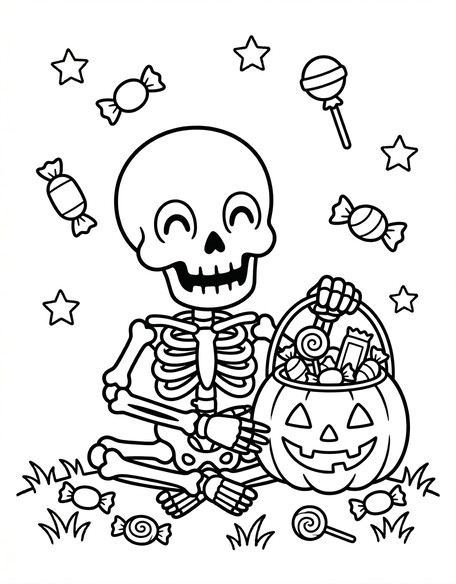 Halloween skeleton holding a candy bucket with stars and treats PDF preview