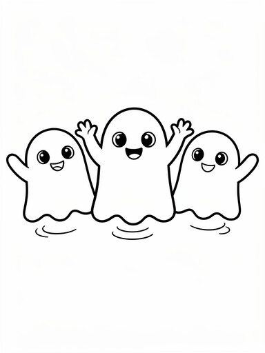 Three Halloween ghosts coloring page showing round smiling ghosts floating together and waving