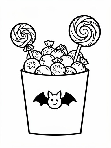 Trick-or-treat bag candy coloring page showing a bag with a bat design overflowing with wrapped candy and lollipops