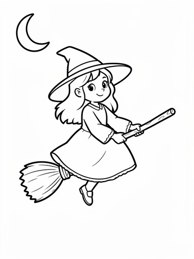 Witch flying on a broom coloring page showing a smiling witch soaring past a crescent moon and stars