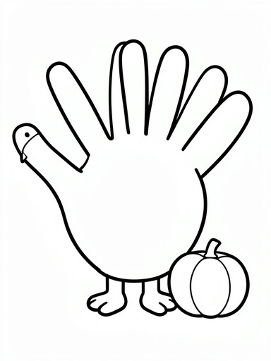 Hand turkey craft coloring page with an outstretched hand shape and a small pumpkin
