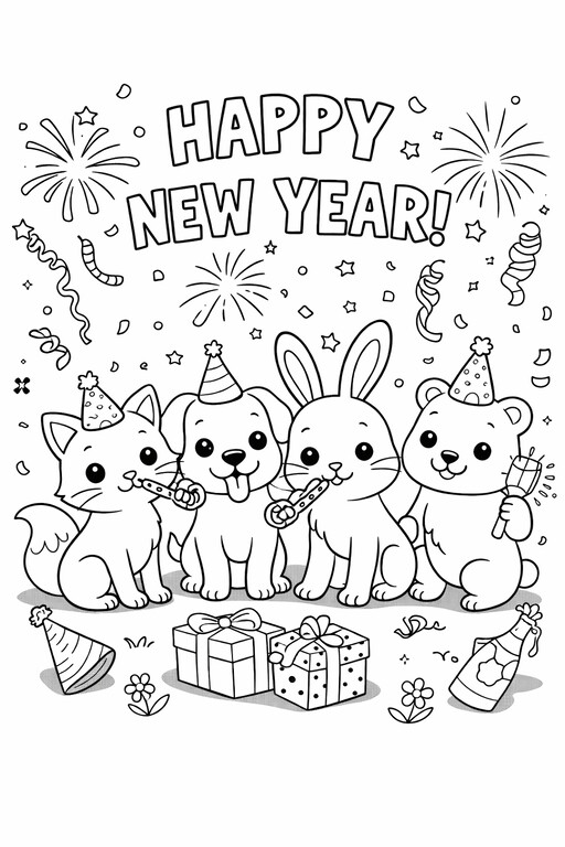 New Year animals with fireworks, gifts, confetti, and party hats PDF preview