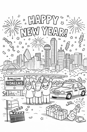 Happy New Year Dallas celebration coloring sheet