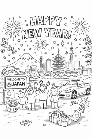 Happy New Year Japan celebration coloring page