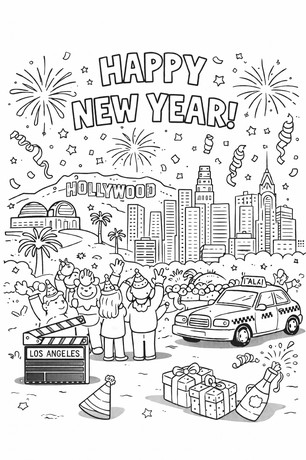 Happy New Year Los Angeles celebration coloring page