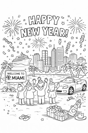 Happy New Year Miami celebration coloring page