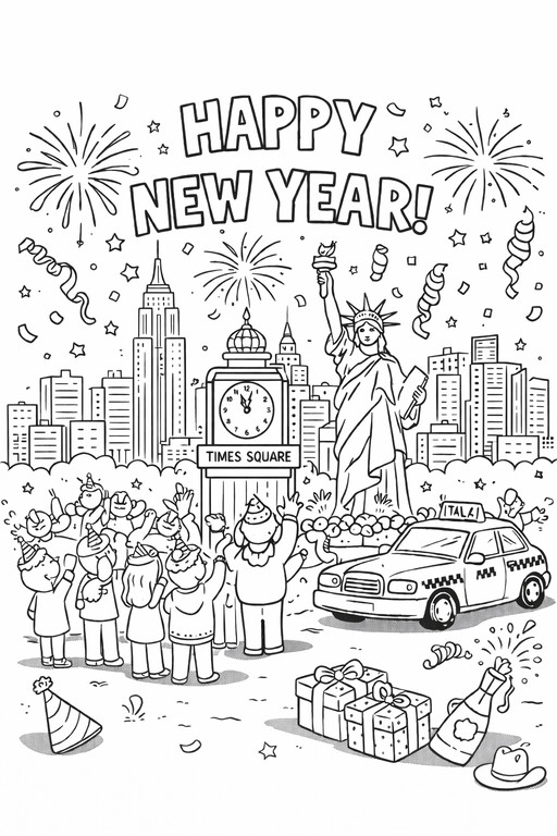 Happy New Year New York City celebration coloring page
