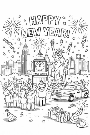 Happy New Year New York celebration coloring sheet