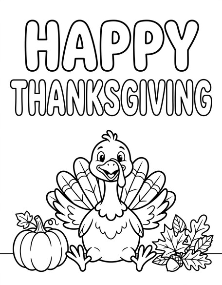 Happy Thanksgiving coloring page with bubble lettering, turkey, pumpkin, and autumn leaves PDF preview