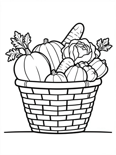 Woven basket overflowing with pumpkins, gourds, carrots, cabbage, and squash coloring page