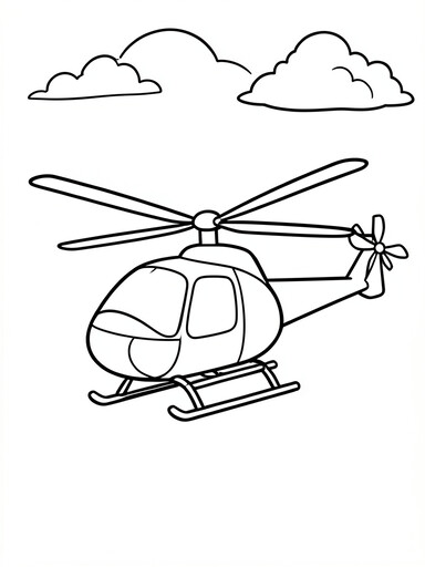 Helicopter coloring page showing a rounded cockpit, tail boom, and spinning main rotor blades near clouds