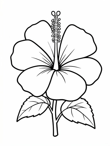 Large tropical hibiscus with five wide fan-shaped petals and tall stamen column coloring page