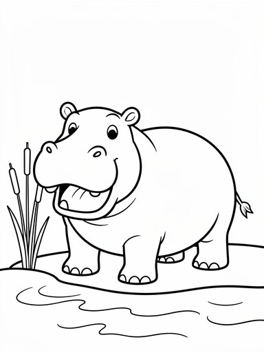 Hippo coloring page showing a hippo standing at the river