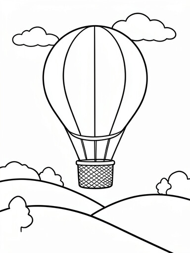 Hot air balloon coloring page showing a striped balloon and wicker basket floating over rolling hills