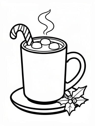 Hot cocoa coloring page showing a mug with marshmallows, candy cane, and rising steam