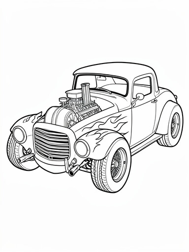 Classic American hot rod with chopped roof and exposed engine coloring page