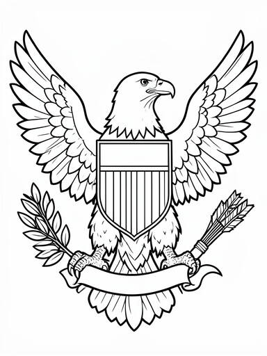 Bald eagle with wings spread holding shield, olive branch, and arrows coloring page