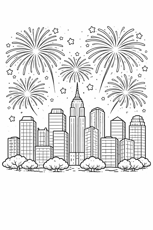 Independence Day City Skyline and Fireworks coloring page showing fireworks bursting above a city skyline PDF preview