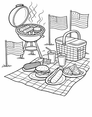 Independence Day Family BBQ and Flags coloring page showing a family cookout with American flags around the scene PDF preview