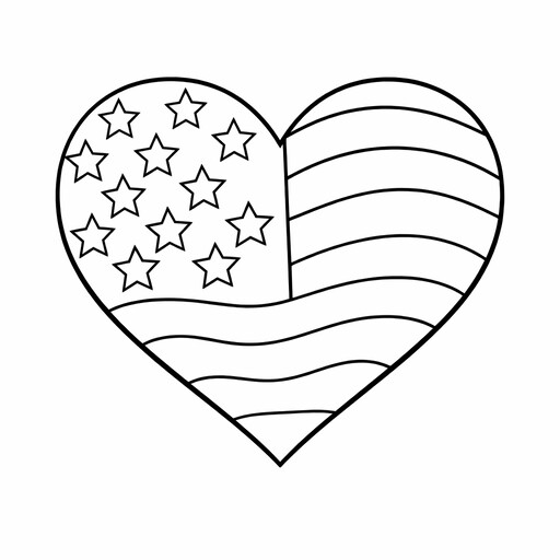 Independence Day Heart Flag coloring page showing an American flag arranged in a heart design PDF preview