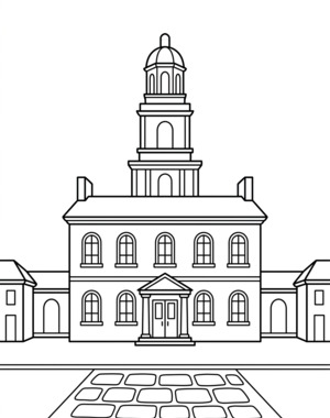 Independence Hall coloring page showing the Philadelphia brick building with bell tower and cupola PDF preview