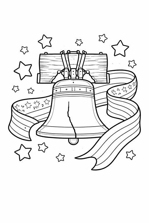 Independence Day Liberty Bell Stars and Ribbon coloring page showing the Liberty Bell framed with stars PDF preview