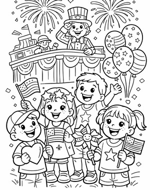 Independence Day Parade Kids coloring page showing children enjoying a patriotic parade scene PDF preview
