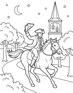 Paul Revere's midnight ride coloring page showing a rider on horseback with church steeple lantern PDF preview