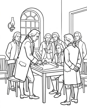 Signing the Declaration of Independence coloring page showing founders gathered at a table with quill and parchment PDF preview