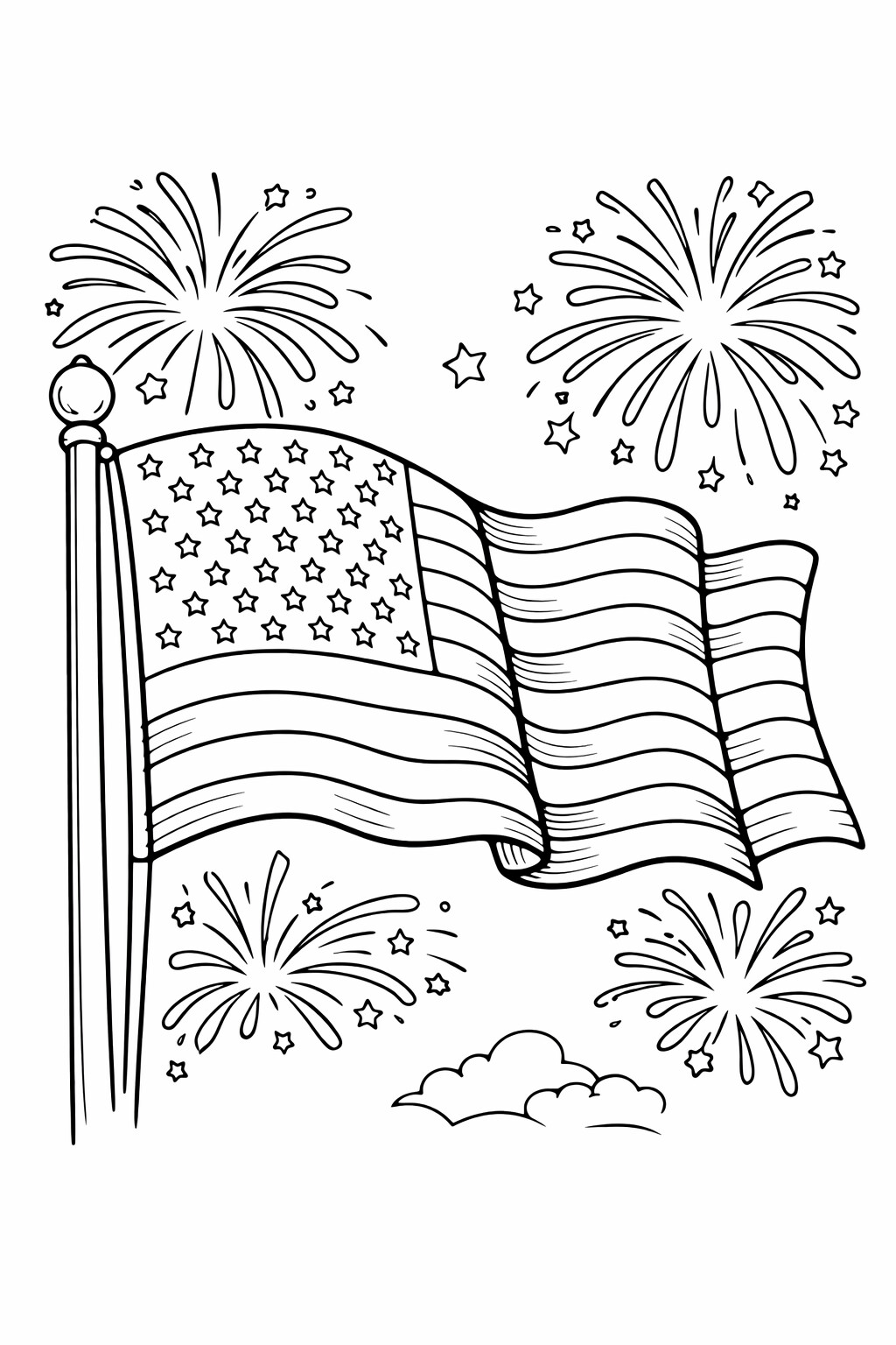 Independence Day flag with fireworks coloring page