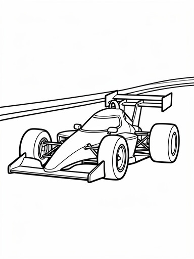 Indy car coloring page showing an open-wheel racer with a rear wing and curved aeroscreen on an oval track