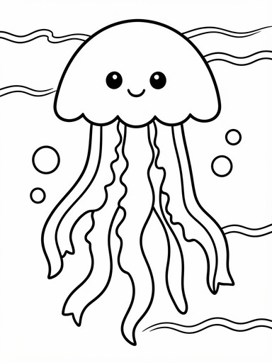 Jellyfish coloring page showing a smiling jellyfish with a rounded bell and long wavy tentacles